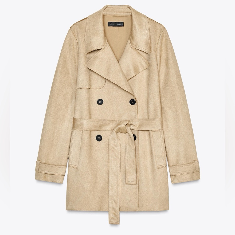 NWT Zara Faux Suede Tan Trench Coat with Belt